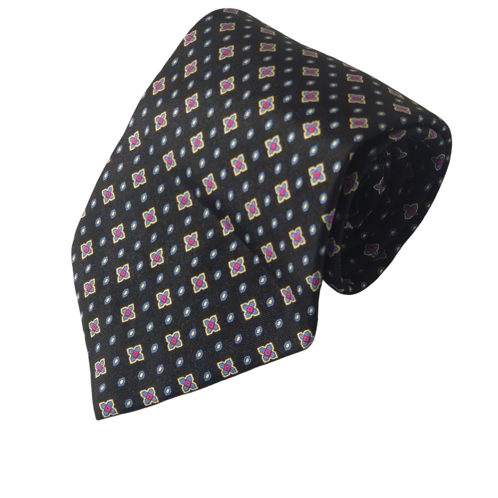 Brooks‎ Bros Necktie Mens Black Geometric Medallion Silk Patterned